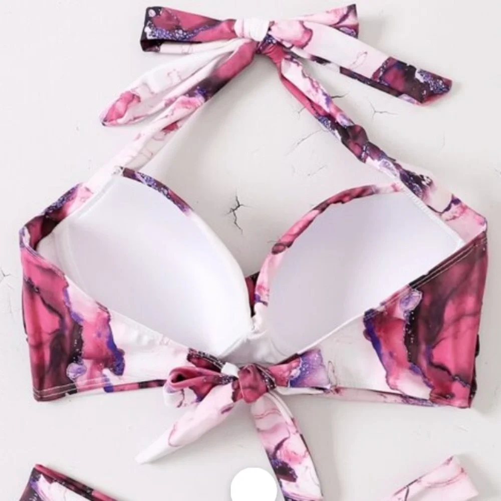 Boho Blue White Tie Dye Marble Print High Waisted Twisted Halter Bikini Set - Picture 12 of 12